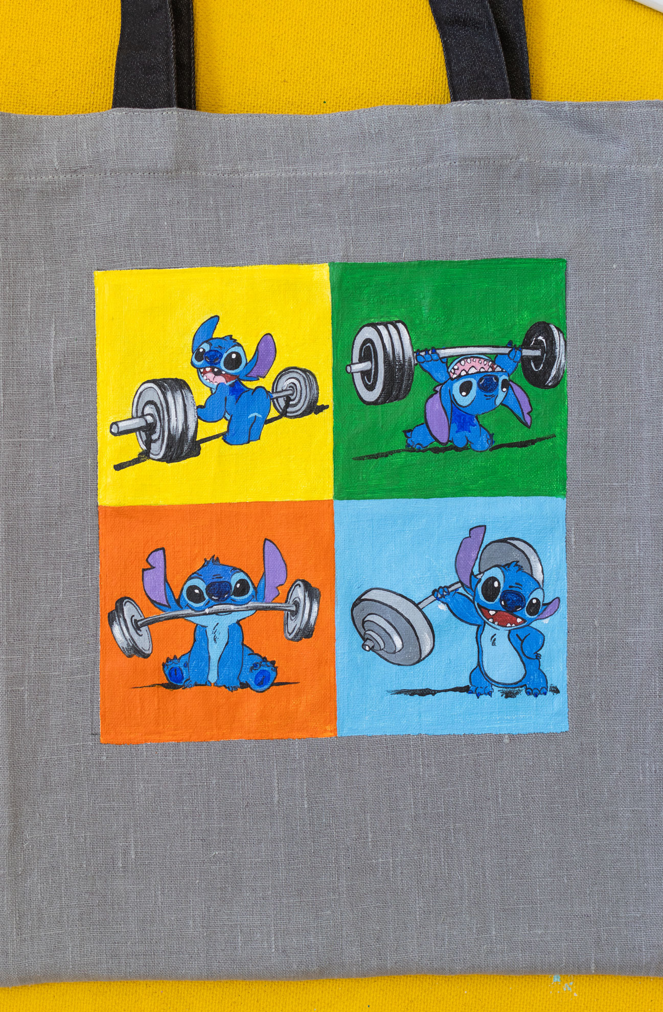 Сумка-шоппер с росписью - Стич с гантелями