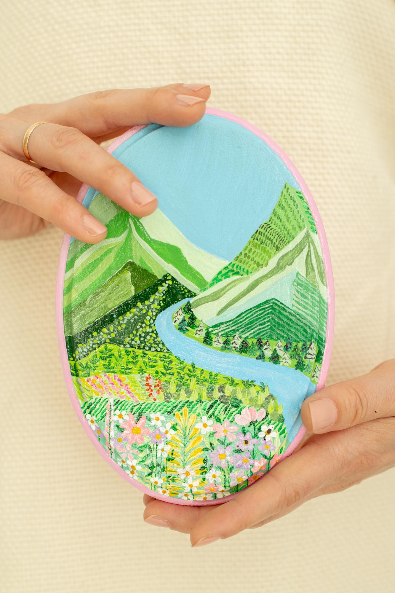 Панно из дерева с росписью - Весна в горах