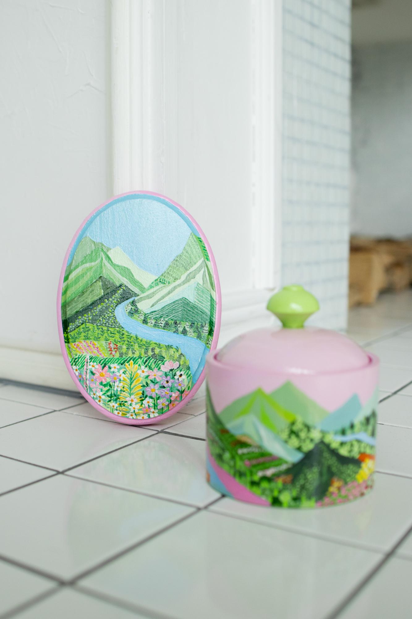 Сет: Панно и шкатулка из дерева с росписью - Весна в горах