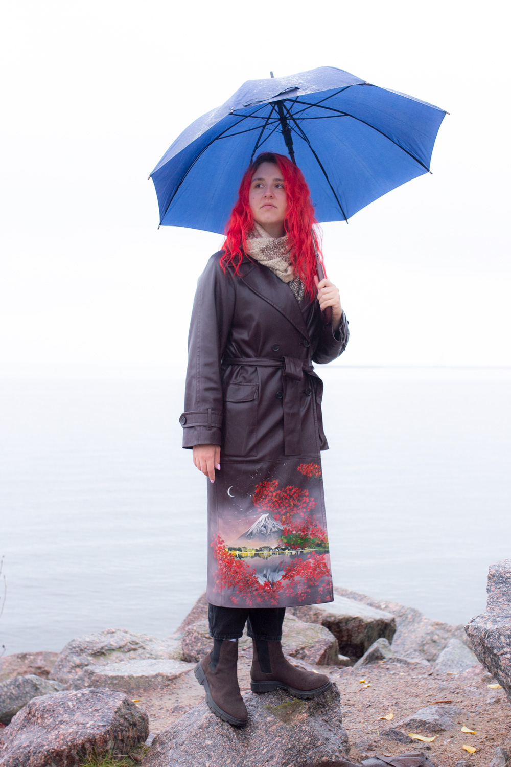 Ручная роспись кожаного плаща - Вид на Фудзи в Японии осенью