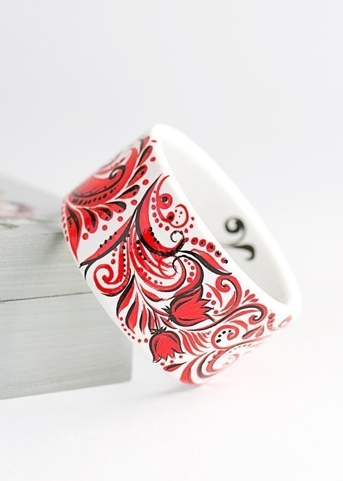 Деревянный Браслет с росписью "Красные Узоры"