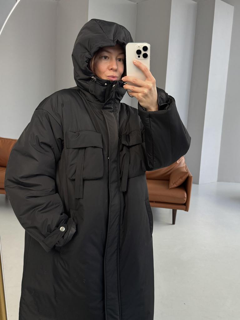 Зимнее пальто с капюшоном и накладными карманами Laconic BLACK