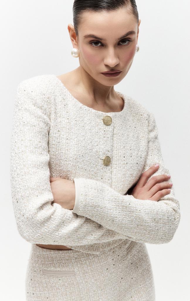 Жакет из твида с пайетками и вставками из экокожи
