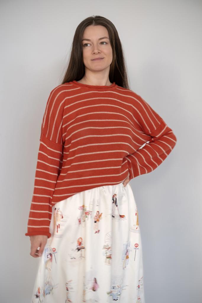 Лонгслив в полоску кирпично-бежевый