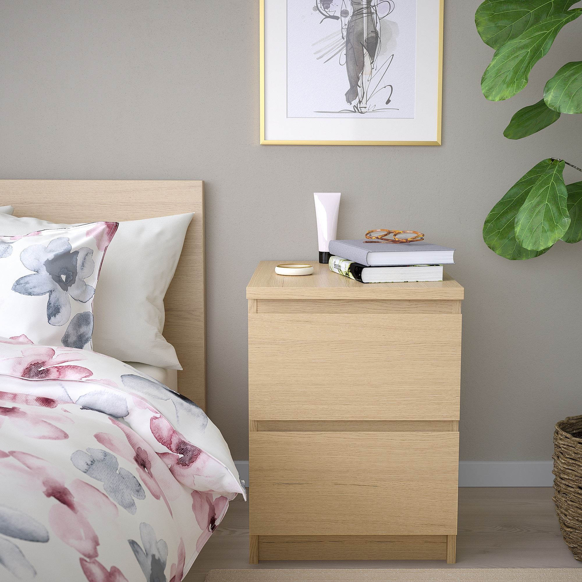 MALM IKEA Комод с 2 ящиками, 40x55 см, дубовый шпон, беленый