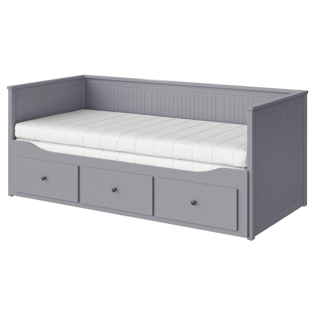 HEMNES/AFJALL IKEA Каркас кровати-кушетки с 3 ящиками/c 2 матрасами, серый 80x200 см