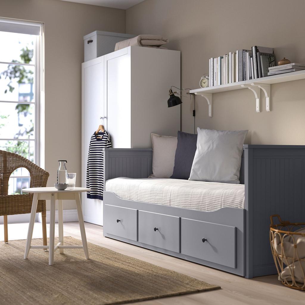 HEMNES/AFJALL IKEA Каркас кровати-кушетки с 3 ящиками/c 2 матрасами, серый 80x200 см