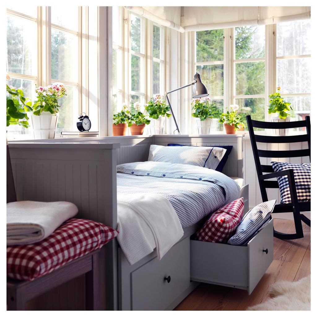 HEMNES/AFJALL IKEA Каркас кровати-кушетки с 3 ящиками/c 2 матрасами, серый 80x200 см