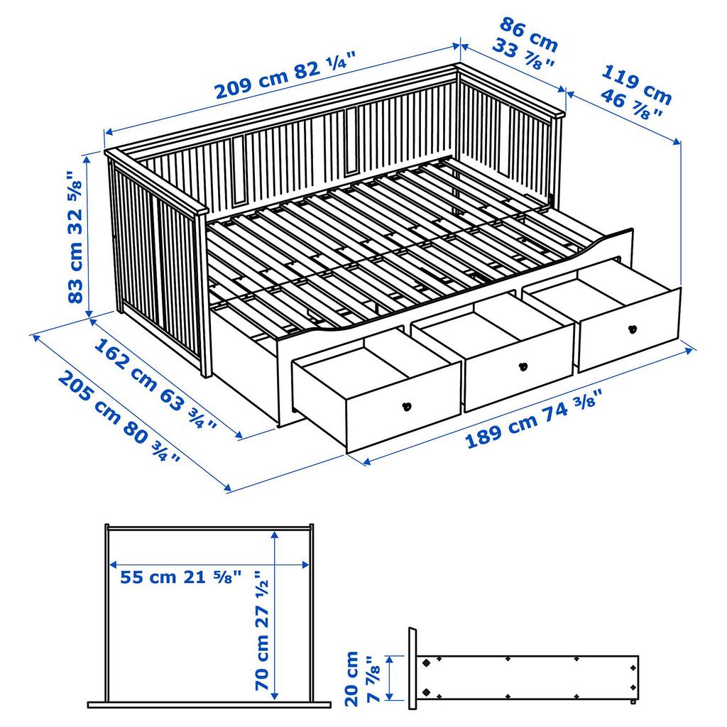 HEMNES/AFJALL IKEA Каркас кровати-кушетки с 3 ящиками/c 2 матрасами, серый 80x200 см
