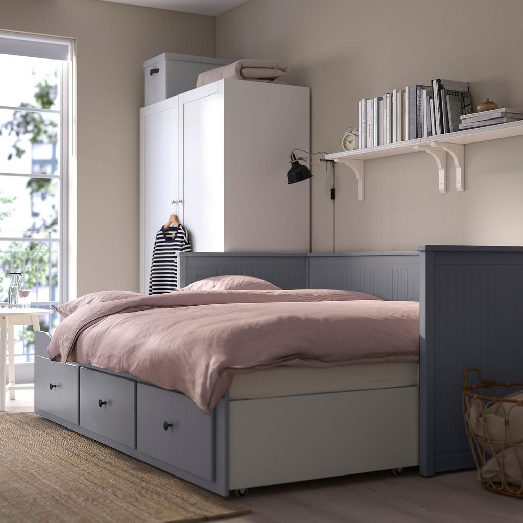 HEMNES/AFJALL IKEA Каркас кровати-кушетки с 3 ящиками/c 2 матрасами, серый 80x200 см