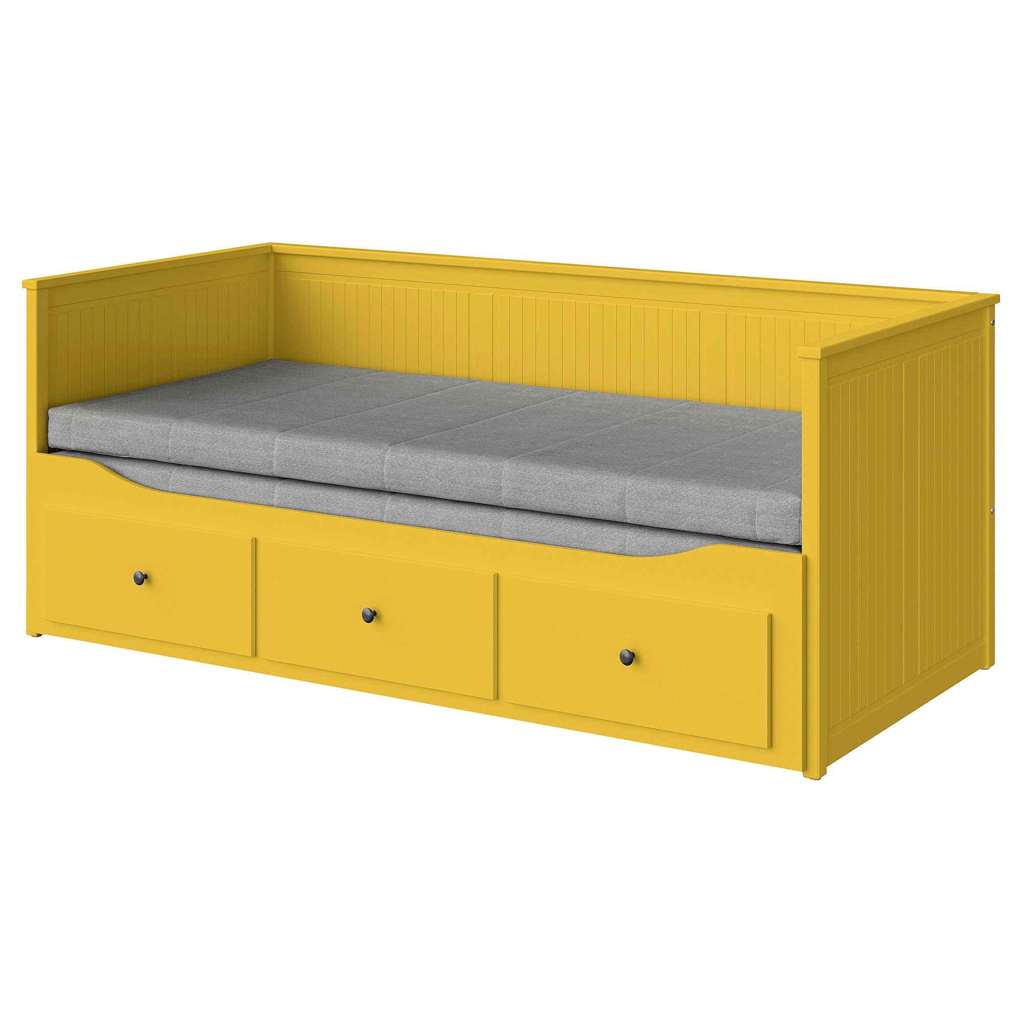 HEMNES/AGOTNES IKEA Каркас кровати-кушетки с 3 ящиками/c 2 матрасами, жёлтый 80x200 см