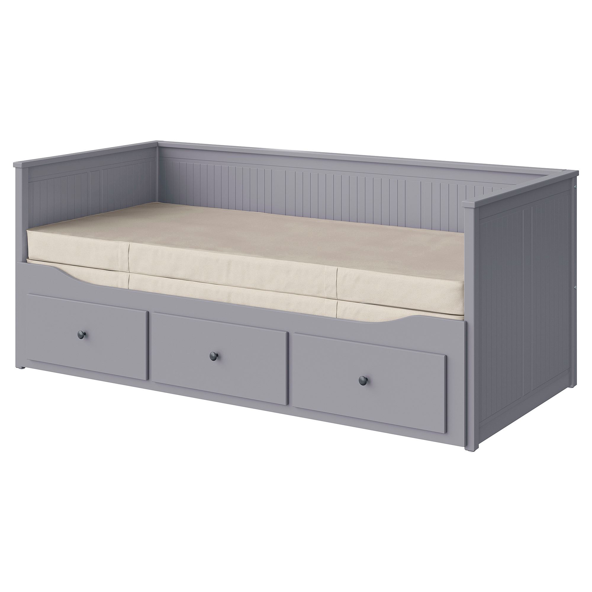 HEMNES/VANNAREID IKEA Каркас кровати-кушетки с 3 ящиками/c 2 матрасами, серый 80x200 см