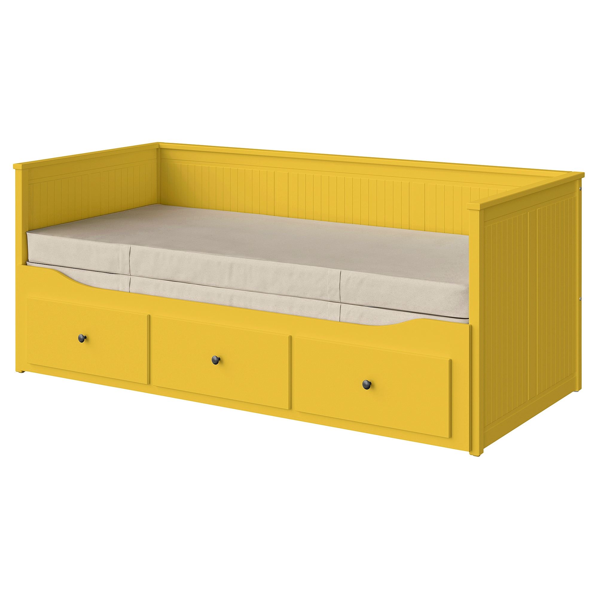 HEMNES/VANNAREID IKEA Каркас кровати-кушетки с 3 ящиками/c 2 матрасами, жёлтый 80x200 см