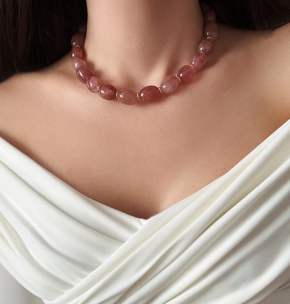 КОЛЬЕ КЛУБНИЧНЫЙ КВАРЦ