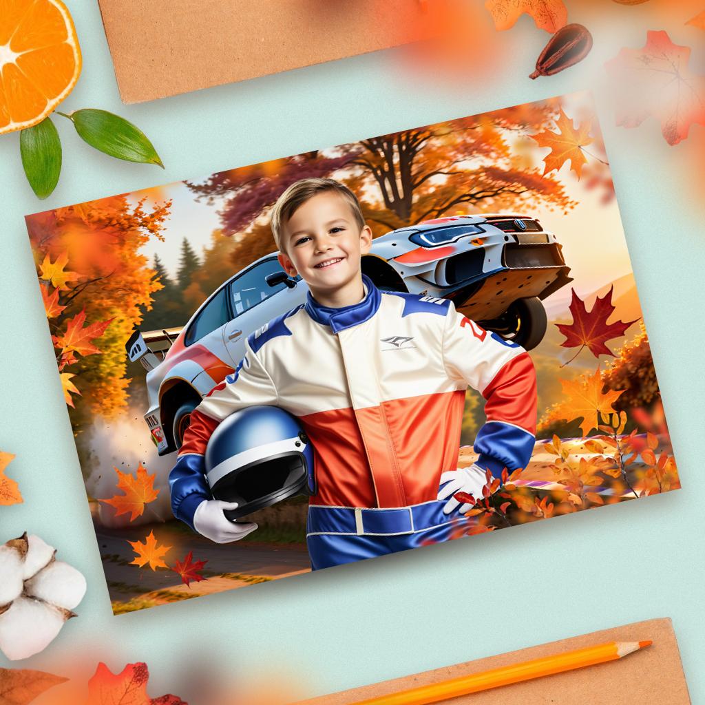 Юный гонщик на осенней трассе