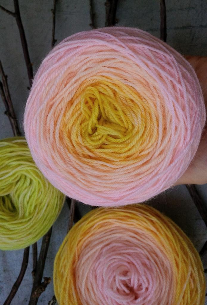 градиентный  набор  на  базе  Regia  выбеленной 95 гр  (поставка основ для окрашивания 2023 год) / шерсть superwash / полиамид "Candy Fairy"  с контрастным салатовым  мини мотком