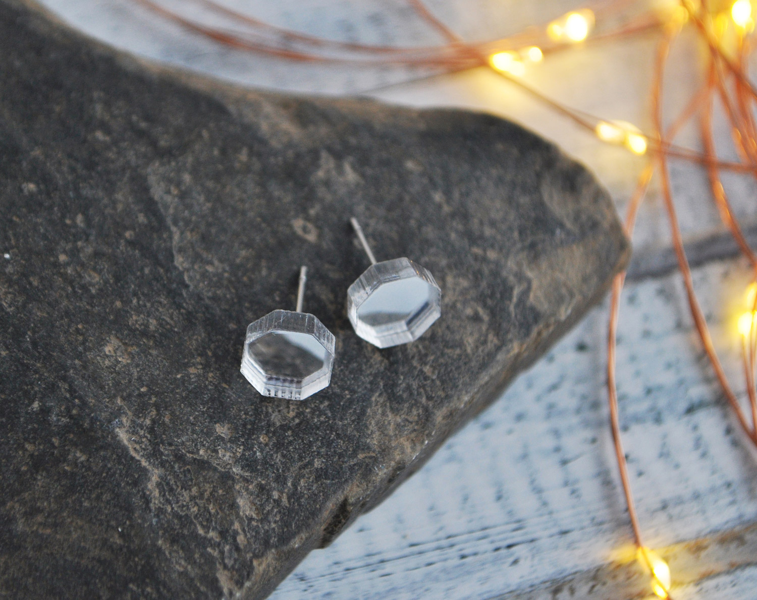 Зеркальные восьмиугольники - серьги-гвоздики зеркальные