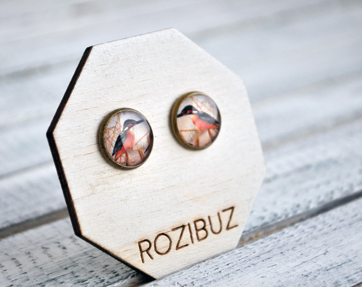 Птичка на болоте - серьги-гвоздики в металлической оправе