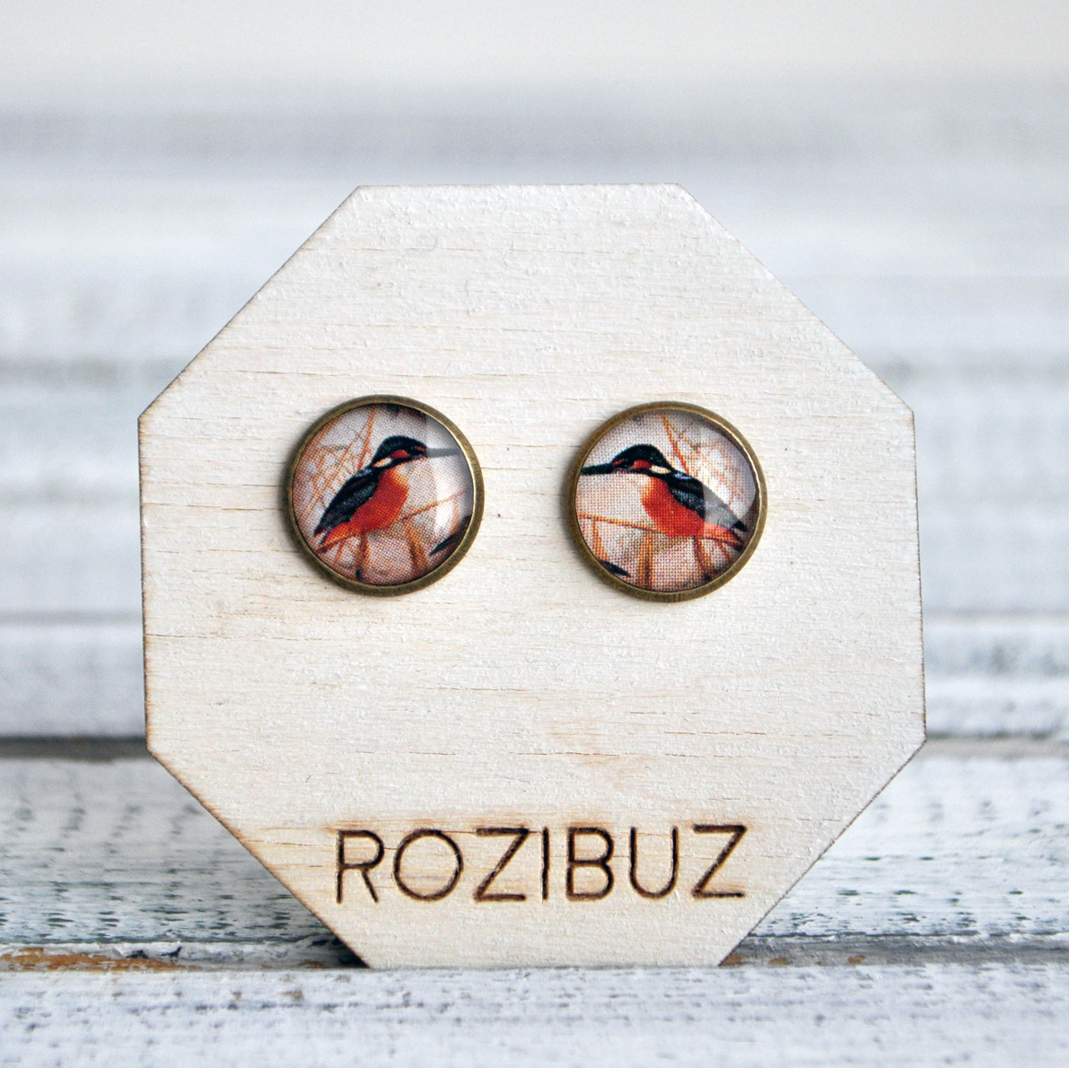 Птичка на болоте - серьги-гвоздики в металлической оправе
