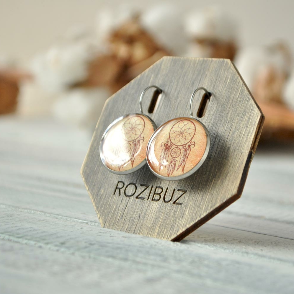 Ловец снов на желтом фоне - серьги в металлической оправе