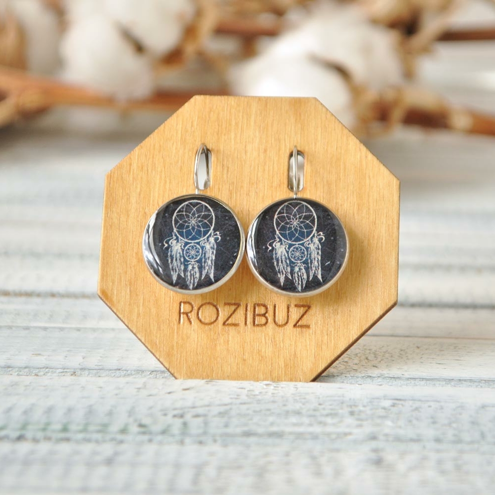 Ловец снов на темно-синем  фоне - серьги в металлической оправе