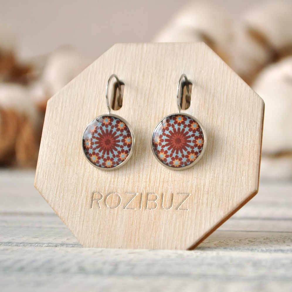 Марракеш красный  с голубым фоном - серьги в металлической оправе