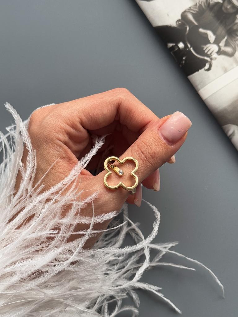 Кольцо большой клевер с фианитом (позолота)