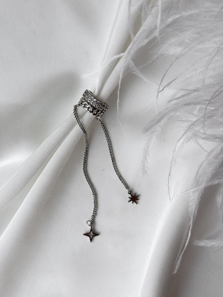 Кафф с цепочками и дорожкой из фианитов (родий)