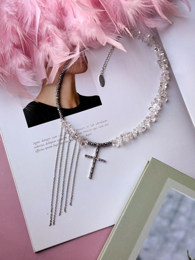 Колье из гематита и хрусталя с цепочками (родий)