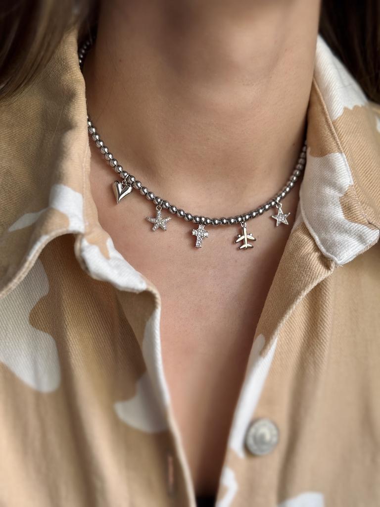 Чокер из гематита с подвесками (родий)