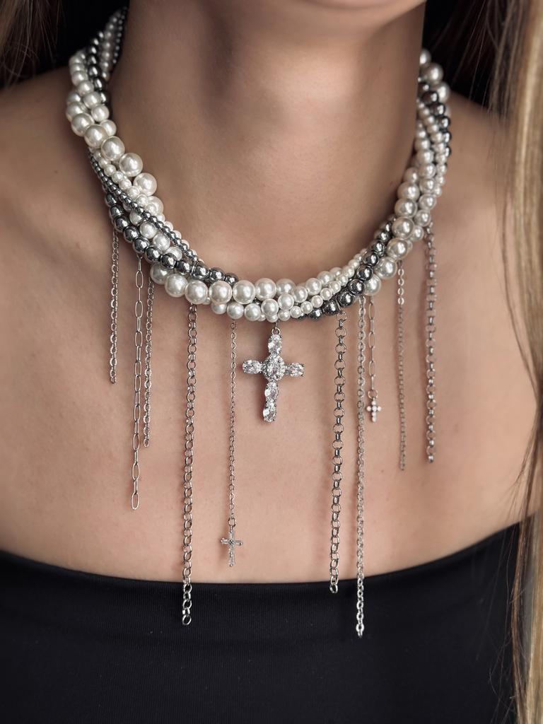 Многослойное колье с крестами (родий)