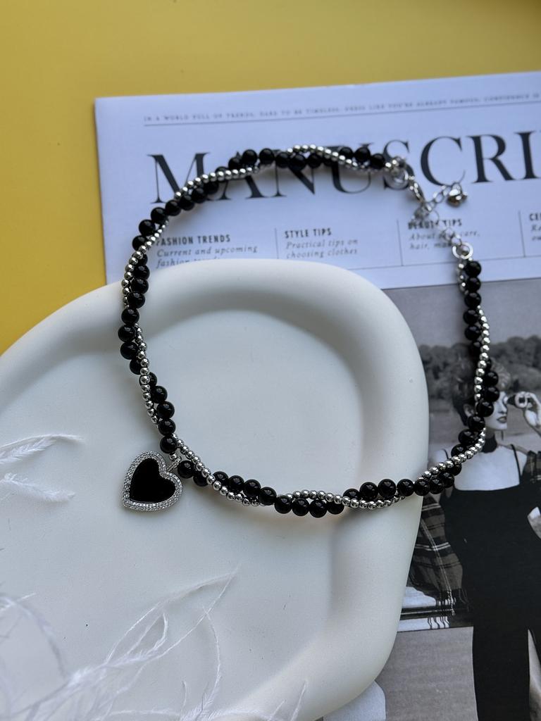 Плетёный чокер из чёрного агата с подвеской (родий)