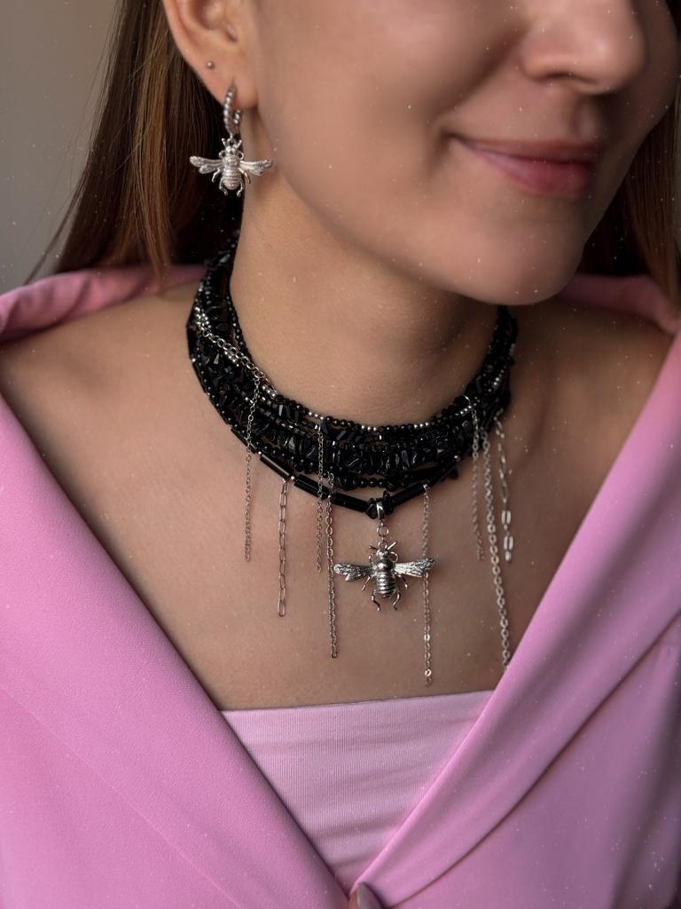 Многорядное колье из агата Whisper Elegance (родий)