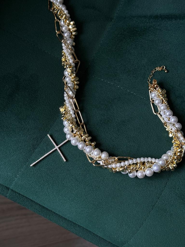 Колье Goldmist из жемчуга майорка и гематита (позолота)