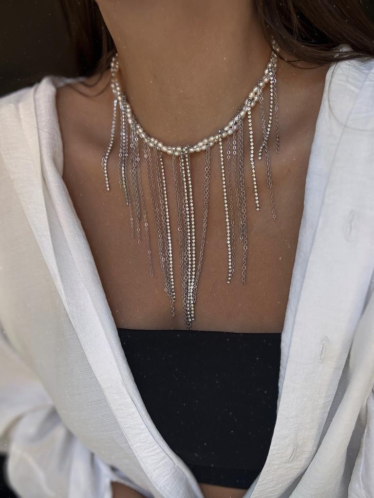 Плетёное колье Lana из натурального жемчуга (родий)