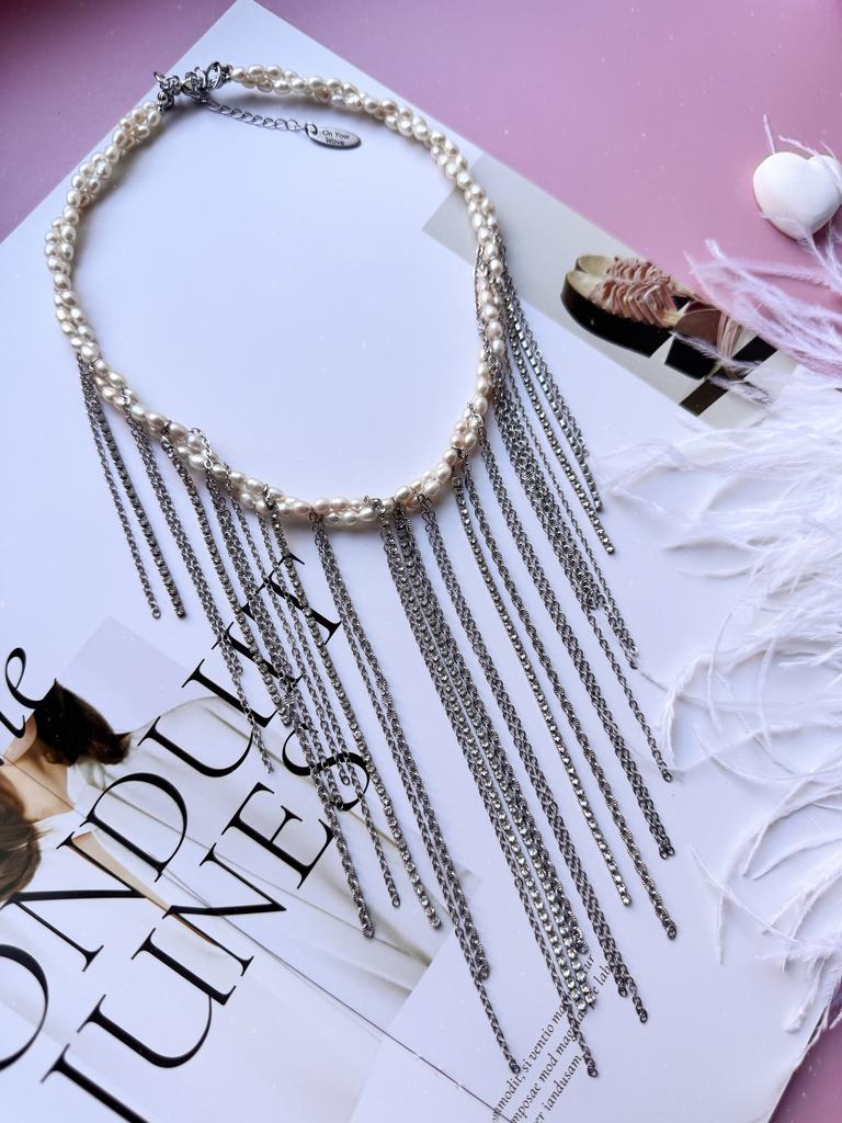 Плетёное колье Lana из натурального жемчуга (родий)