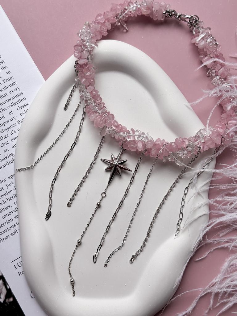 Гранж колье Pink Galaxy из розового кварца (родий)