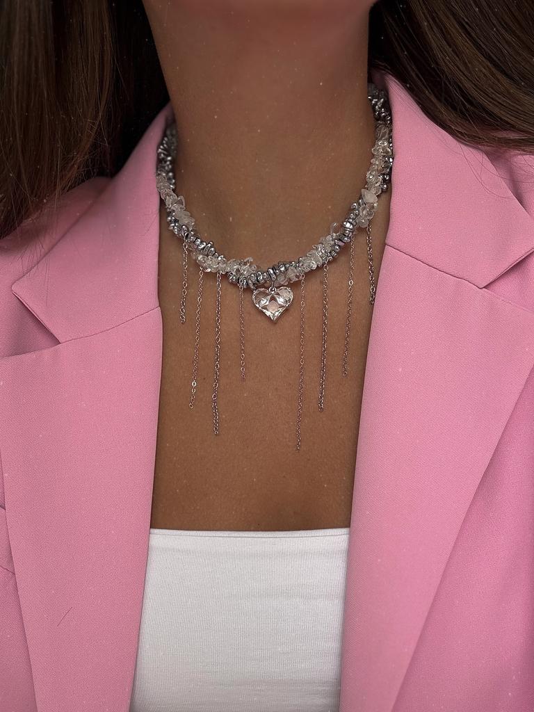 Гранж колье Flash из гематита и горного хрусталя (родий)