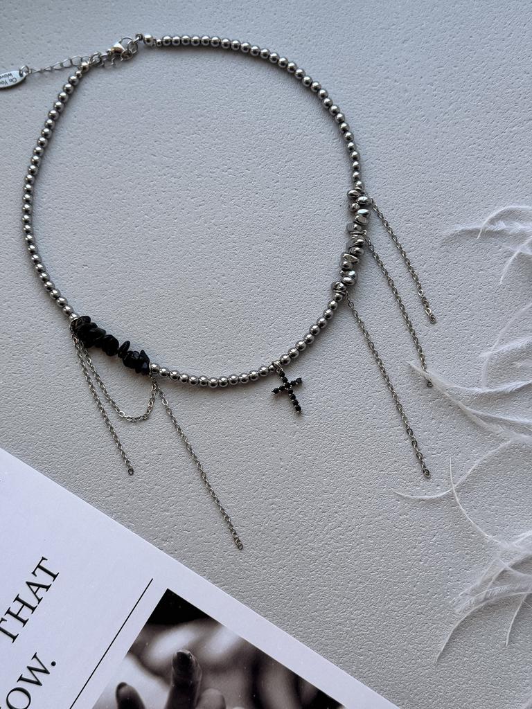 Чокер из гематита и агата Midnight (родий)