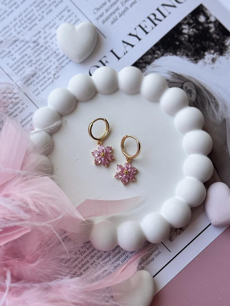 Серьги с розовыми цветочками (позолота)