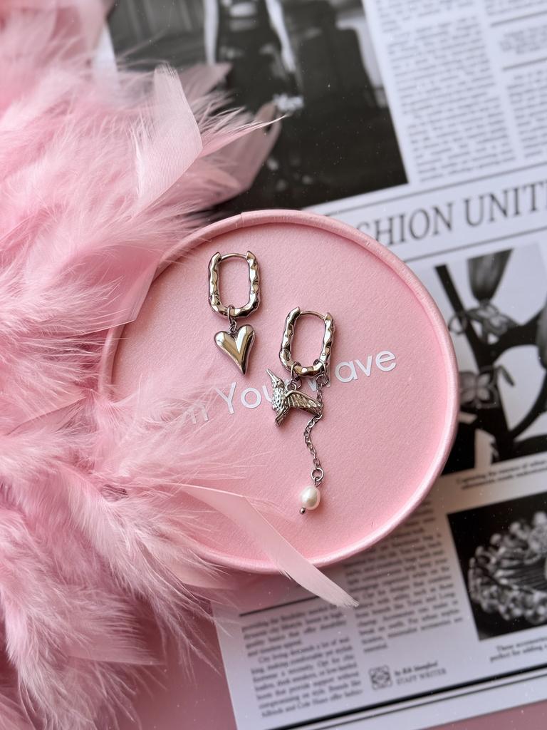 Серьги Колибри с натуральным жемчугом (родий)