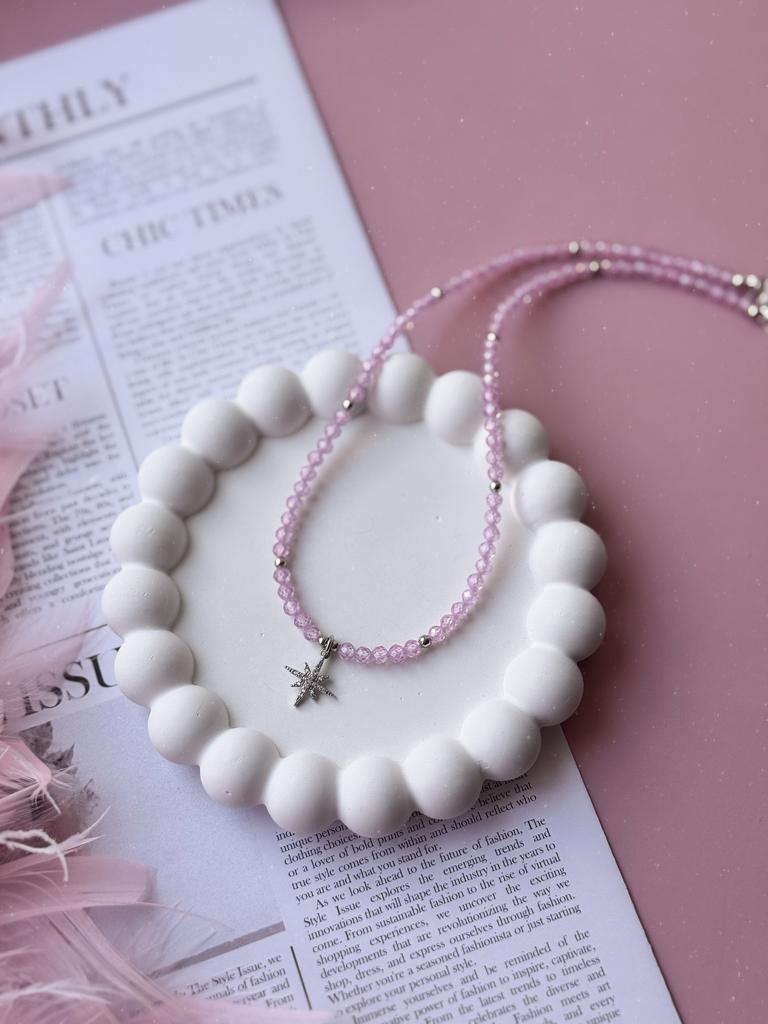 Чокер из розового циркона с фианитами (родий)