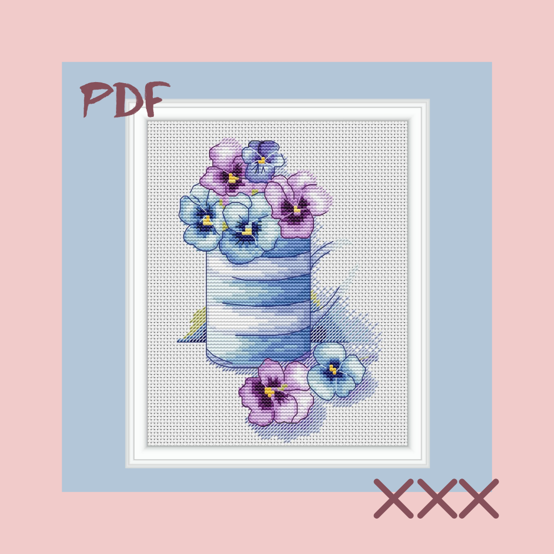 Схема для вышивки крестом "Анютины глазки в полосатой чашке"