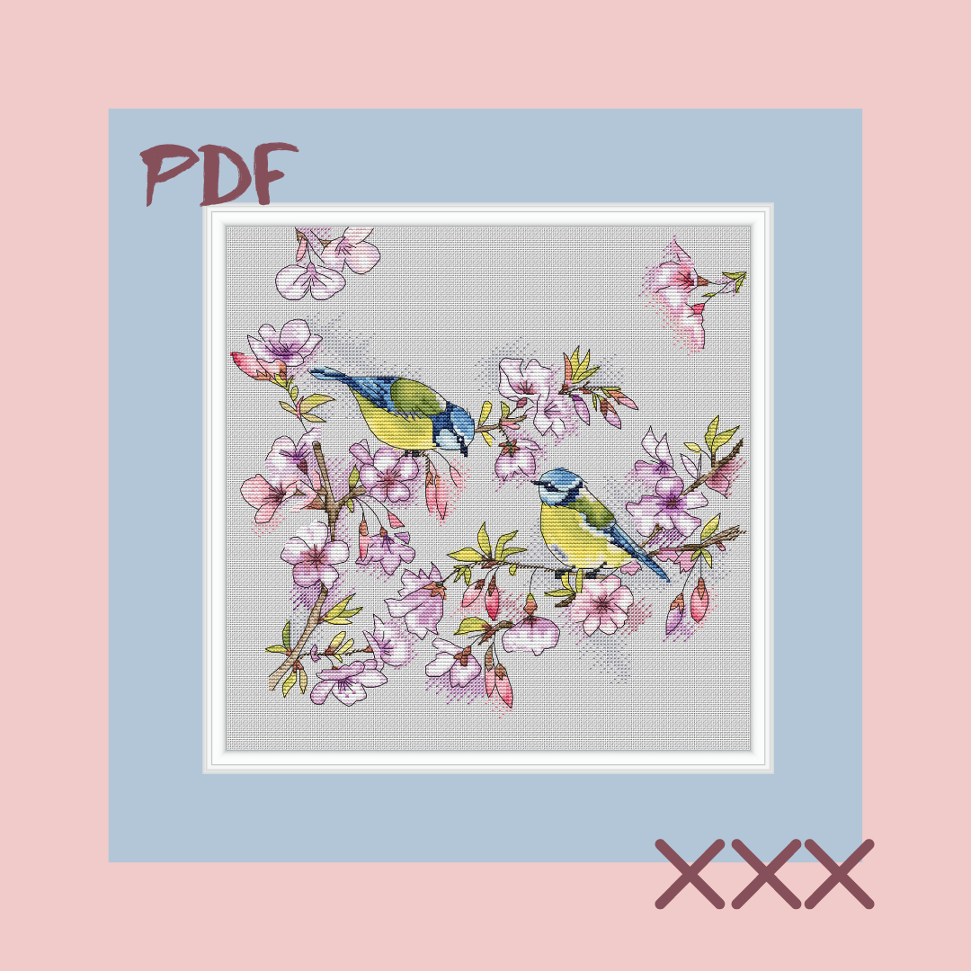 Схема для вышивки крестом "Синицы на ветке"