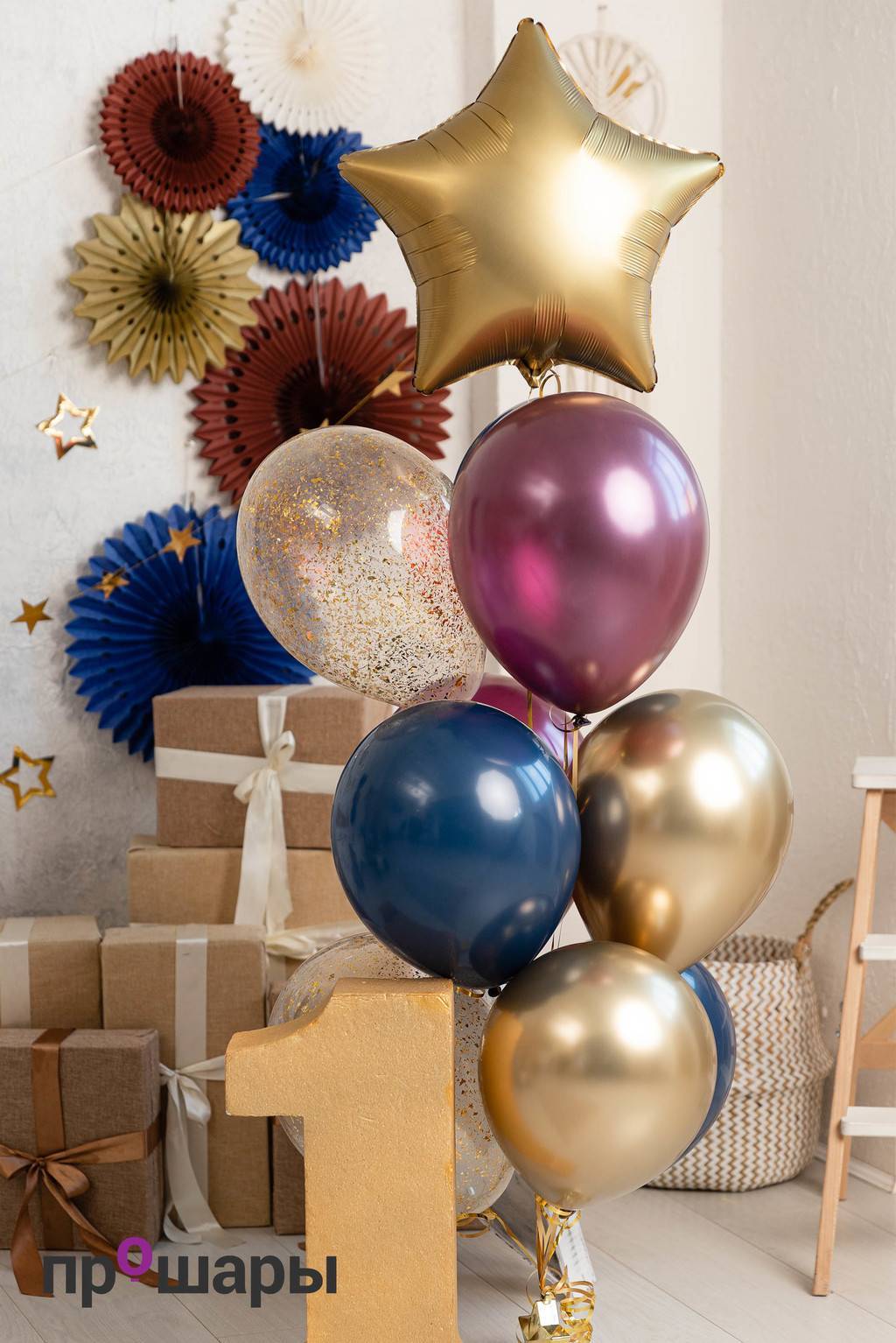 Фонтан 10 шаров бордо/синий дабл стафф/золото хром/звезда