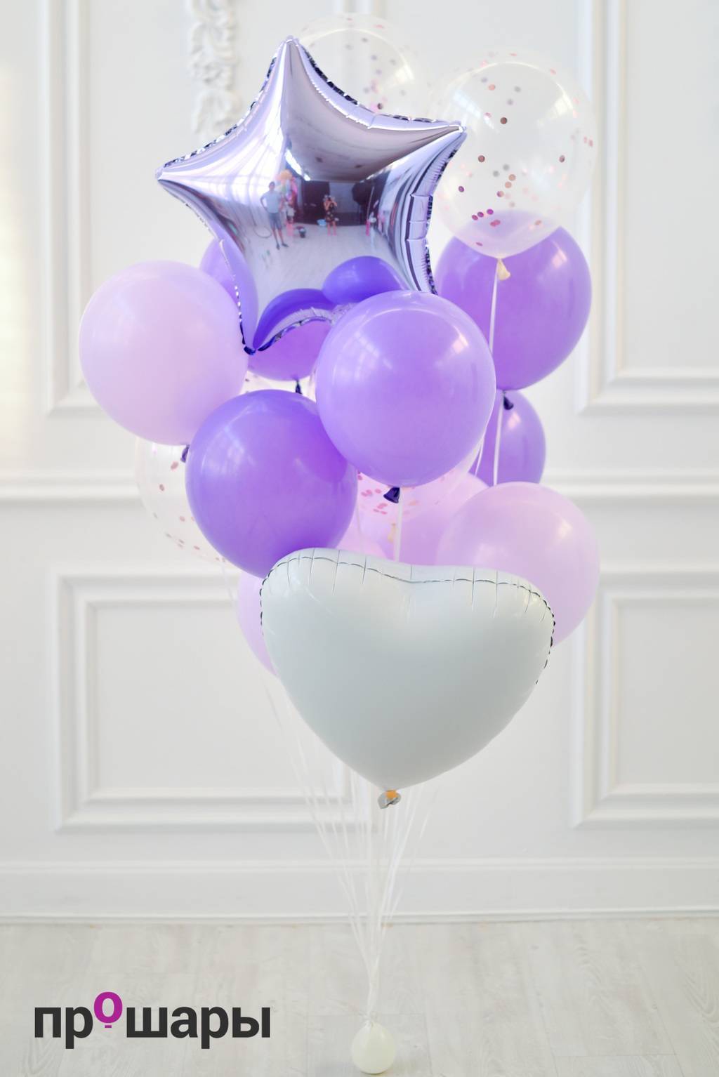 Фонтан из 15 шаров лаванда/сиреневый/белый