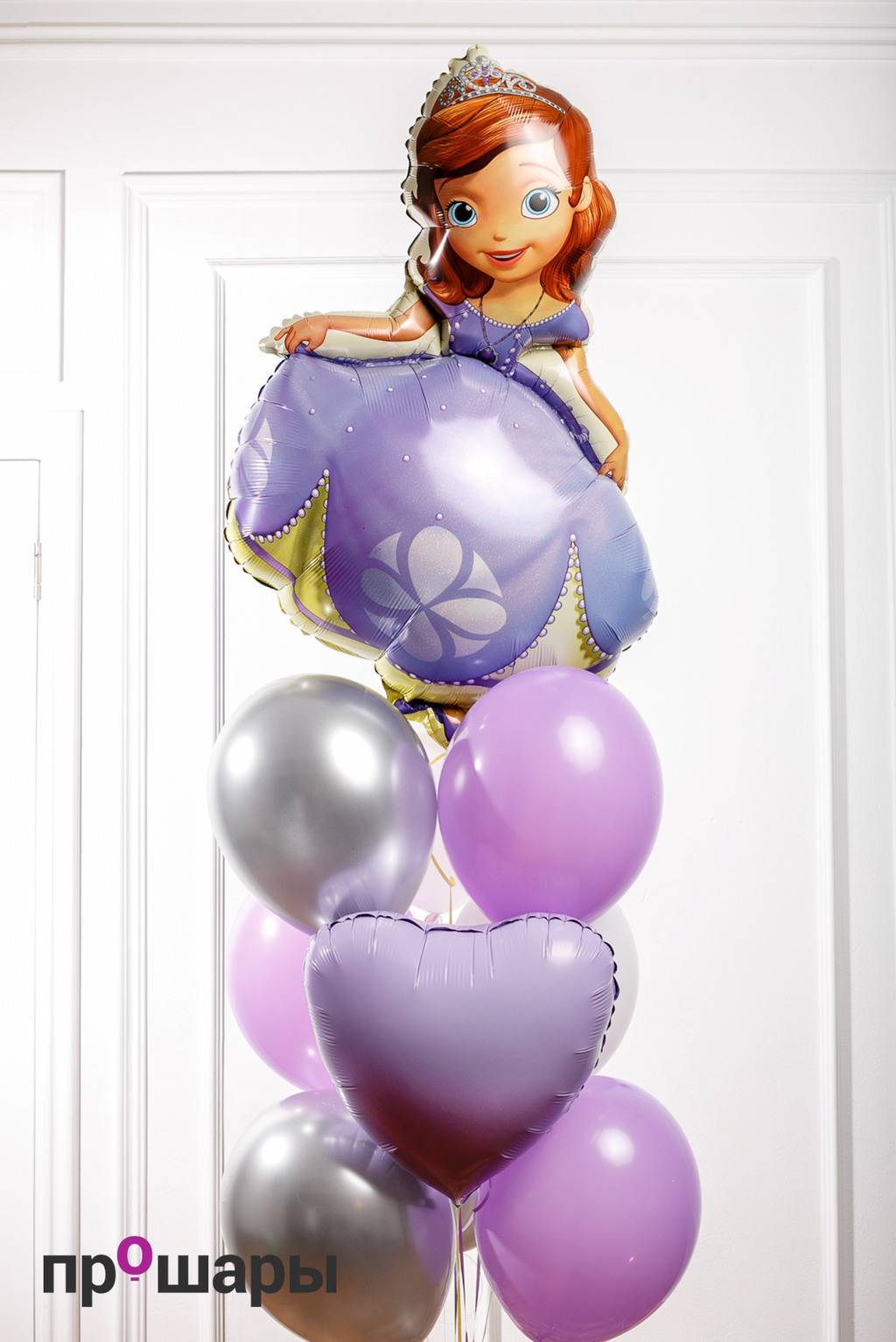 Фонтан из 10 шаров сиреневый/лиловый/белый/серебро хром/София