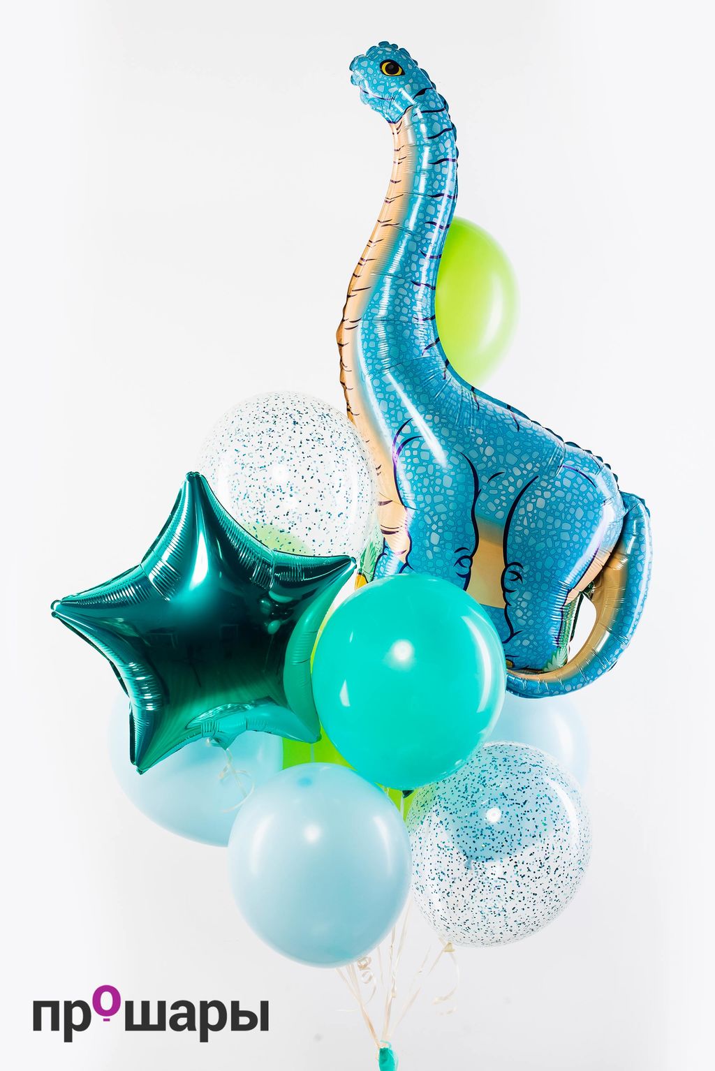 Фонтан 11 шаров мята/голубой/салатный/конфетти/звезда/дельфин