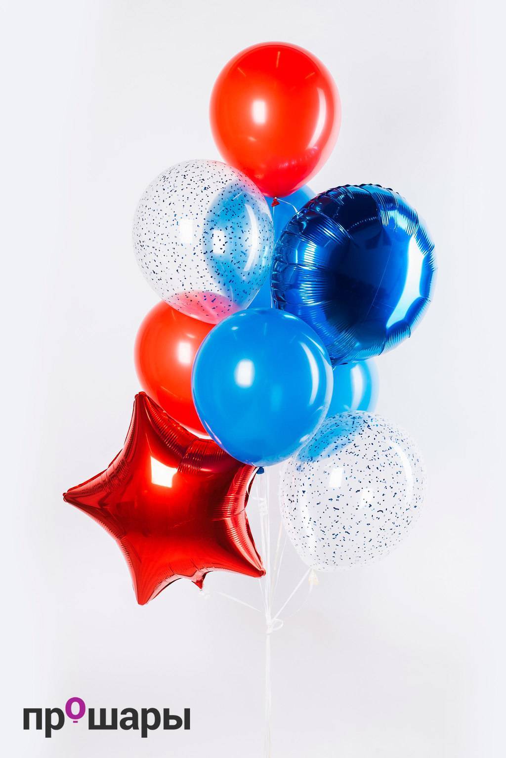 Фонтан 9 шаров синий/красный/конфетти/звезда/круг