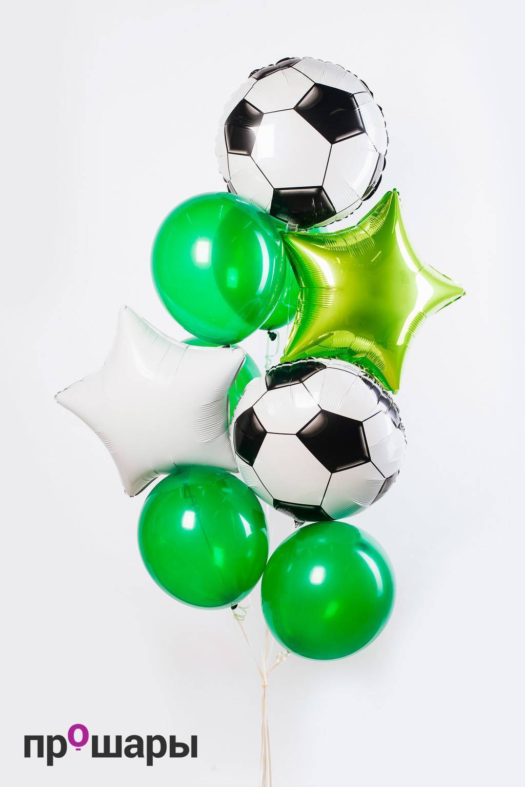Фонтан из 9 шаров зеленый/белый/звёзды/футбол